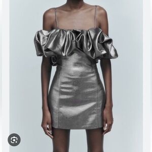 Zara Metallic Pewter Silver Voluminous Mini Dress